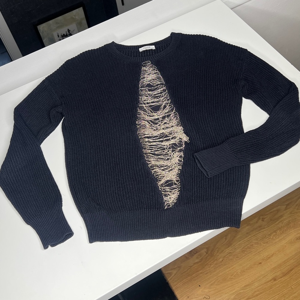 Peserico Sz 38 Navy Black Cotton with Metal Chains Detail Long Sleeve Sweater